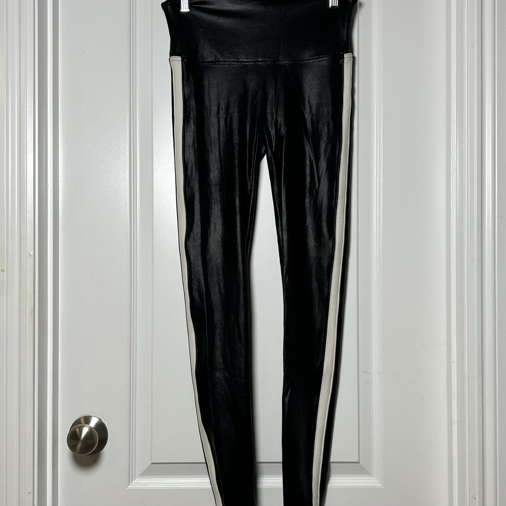 Spanx Black White Faux Leather Sleek High Waist Side Stripe Compression Leggings